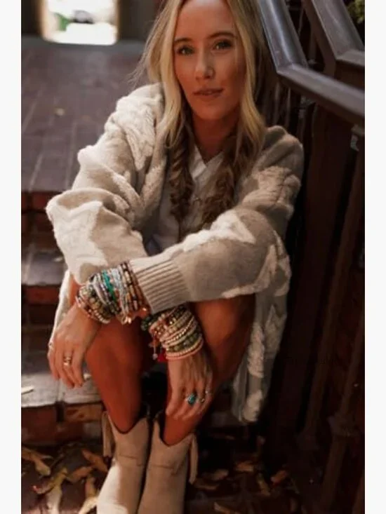 Sherpa Cardigan Sweater with Star Pattern and Pockets, Oversized Fit - Picture 4 of 7